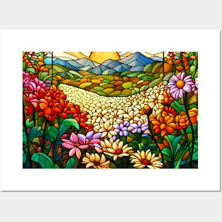 Stained Glass Colorful Mountain Meadow Posters and Art